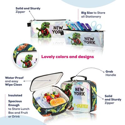 Eazy Kids - 16" Set of 3 Trolley School Bag Lunch Bag & Pencil Case New York Dinosaur - Green