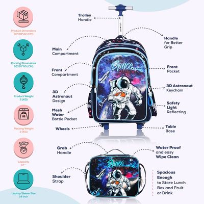 Eazy Kids - Back to School - 18" Set of 4 School Bag Lunch Bag Activity Bag & Pencil Case Astronaut - Blue