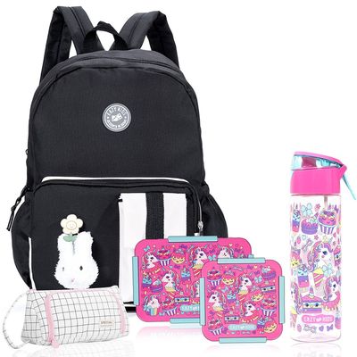 Eazy Kids School Bag Combo Set of 5 Unicorn-Pink Black