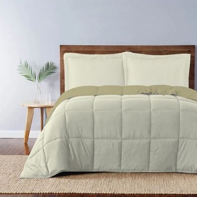  Adult 3pc Set Reversible Comforter -220x240 with 2 Pillowsham 50x75+5cm Reverse Mustard and Front Ivory 