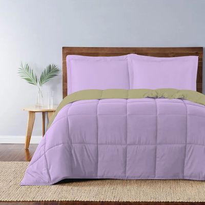  Adult 3pc Set Reversible Comforter -220x240 with 2 Pillowsham 50x75+5cm Reverse Mustard and Front LightPurple 
