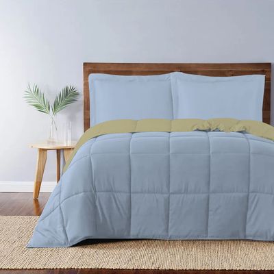  Adult 3pc Set Reversible Comforter -220x240 with 2 Pillowsham 50x75+5cm Reverse Mustard and Front Sky Blue 