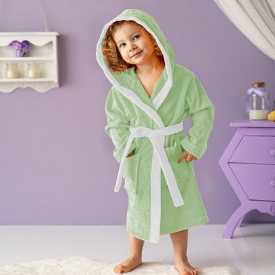  Polar Bear Embroidered Kids Bathrobe with Hood and Tie Up BeLight - Mint Green, 04-06 year