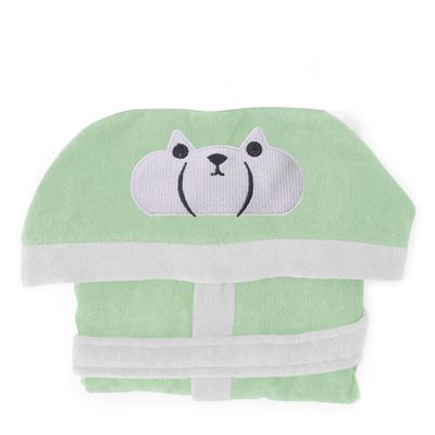  Polar Bear Embroidered Kids Bathrobe with Hood and Tie Up BeLight - Mint Green, 04-06 year