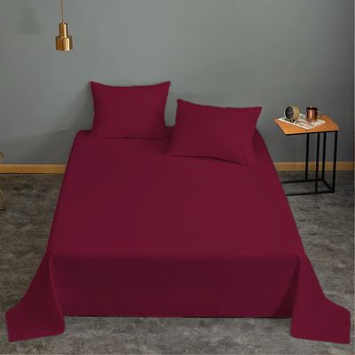 Cotton Home 3 Piece Flat Sheet Set Super Soft Burgundy King Size 220X240 cm with 2 Pillow case