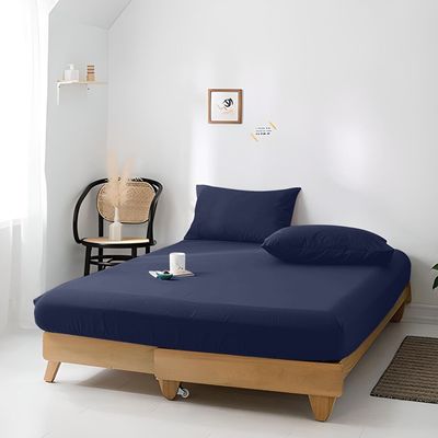  Jersey 1PC Fitted Sheet Navy Blue- 180x200+30, 2pc Pillowcase 48x74+12cm