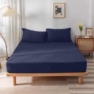  Jersey 1PC Fitted Sheet Navy Blue-200x200+30, 2pc Pillowcase 48x74+12cm