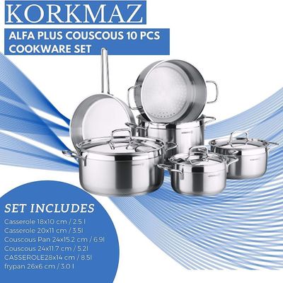 KORKMAZ ALFA PLUS COUSCOUS 10 PCS INDUCTION BASE COOKWARE SET