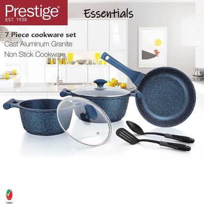 Prestige Essentials Granite 7 Piece NonStick Cast Aluminium Cookware sets | Induction Base | Non Stick Aluminium | Granite Casserole | Granite Fry Pan Blue