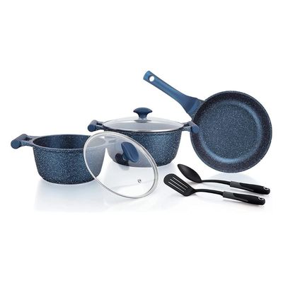 Prestige Essentials Granite 7 Piece NonStick Cast Aluminium Cookware sets | Induction Base | Non Stick Aluminium | Granite Casserole | Granite Fry Pan Blue