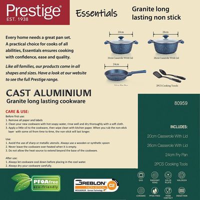 Prestige Essentials Granite 7 Piece NonStick Cast Aluminium Cookware sets | Induction Base | Non Stick Aluminium | Granite Casserole | Granite Fry Pan Blue