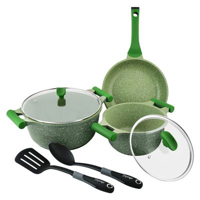 Prestige Essentials Granite 7 Piece NonStick Cast Aluminium Cookware sets | Induction Base | Non Stick Aluminium | Granite Casserole | Granite Fry Pan  Green