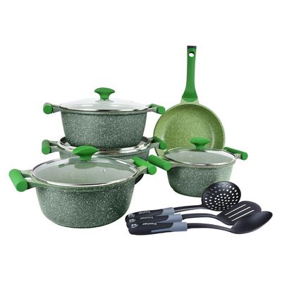 Prestige Essentials Granite 12 Piece NonStick Cast Aluminium Cookware sets | Induction Base | Non Stick Aluminium | Granite Casserole | Granite Fry Pan  Green