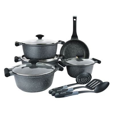 Prestige Essentials Granite 12 Piece NonStick Cast Aluminium Cookware sets | Induction Base | Non Stick Aluminium | Granite Casserole | Granite Fry Pan  Black