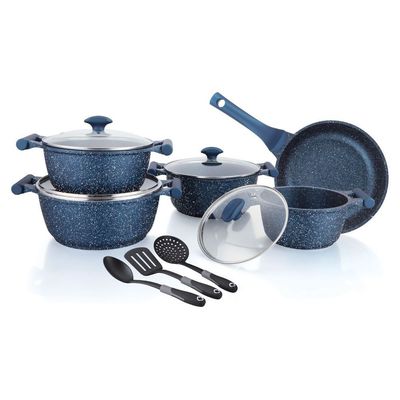 Prestige Essentials Granite 12 Piece NonStick Cast Aluminium Cookware sets | Induction Base | Non Stick Aluminium | Granite Casserole | Granite Fry Pan Blue