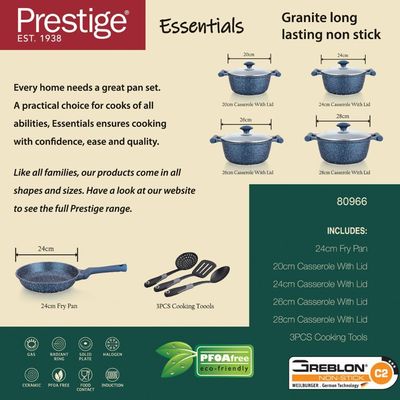 Prestige Essentials Granite 12 Piece NonStick Cast Aluminium Cookware sets | Induction Base | Non Stick Aluminium | Granite Casserole | Granite Fry Pan Blue