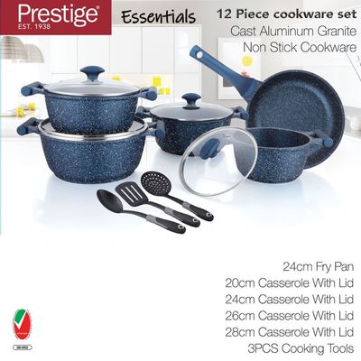 Prestige Essentials Granite 12 Piece NonStick Cast Aluminium Cookware sets | Induction Base | Non Stick Aluminium | Granite Casserole | Granite Fry Pan Blue