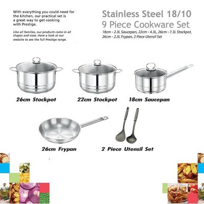 Prestige Stainless Steel 9Pc Cookware Set | Stainless Steel Cooking Set | Pots and Pans Set | stainless steel saucepan and Casserole with Glass Lid