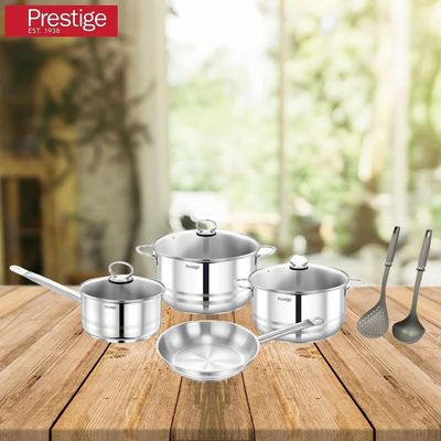 Prestige Stainless Steel 9Pc Cookware Set | Stainless Steel Cooking Set | Pots and Pans Set | stainless steel saucepan and Casserole with Glass Lid