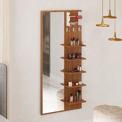 Freddie Engineered Wood Wall Mount Dressing Table Mirror with Shelves-Walnut