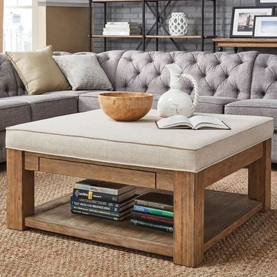 Lennon Square Storage Ottoman Coffee Table-Beige linen