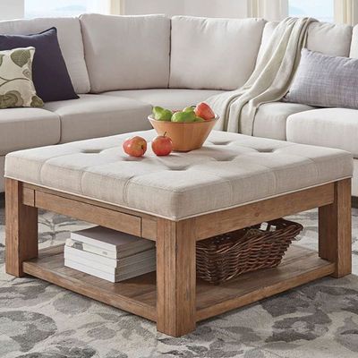 Lennon Square Storage Ottoman Coffee Table-Beige linen