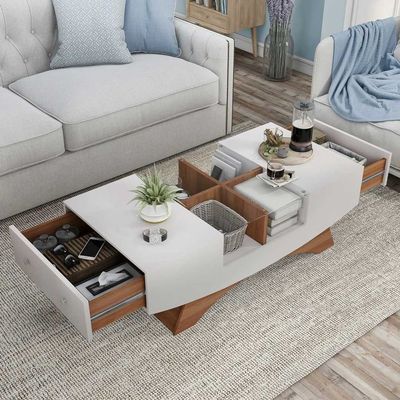  2-Drawer Contemporary Coffee Table | Sleek White Center Table for Living Room | Modern Minimalist Design | Durable Wooden Construction | Space-Saving Table with Hidden Storage | Ideal for Homes & Apartments