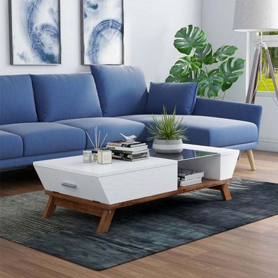 Browson Mid-Century Modern Glass Insert Coffee Table White