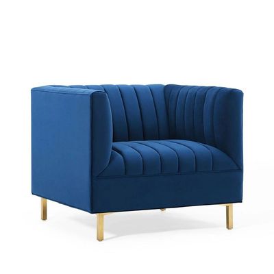 Box Tufted Channel Armchair in Blue-Modern Upholstered Accent Chair with Box Tufting-Stylish Channel Stitch Design-Comfortable Armchair for Living Room or Bedroom-Soft Fabric Finish-Sturdy Frame Construction-Contemporary Lounge Seating for Home or Office