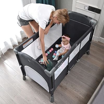 Teknum 4 in 1 Baby Bedside Co - Sleeper Bassinet and Playpen wt Rocker Grey