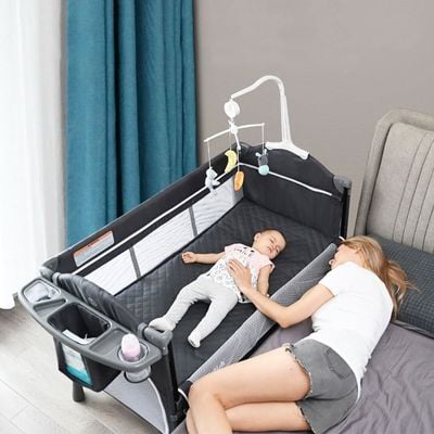 Teknum 4 in 1 Baby Bedside Co - Sleeper Bassinet and Playpen wt Rocker Grey