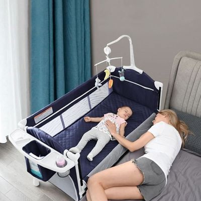 Teknum 4 in 1 Baby Bedside Co - Sleeper Bassinet and Playpen wt Rocker Navy Blue