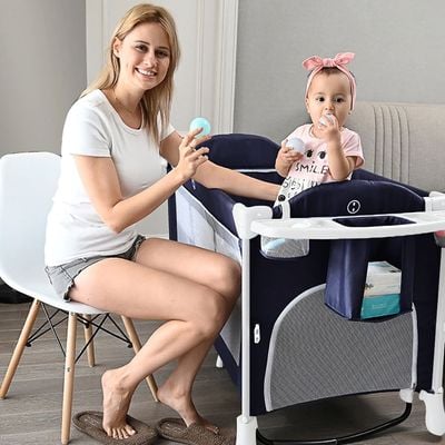 Teknum 4 in 1 Baby Bedside Co - Sleeper Bassinet and Playpen wt Rocker Navy Blue