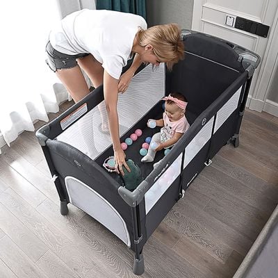 Teknum 4 in 1 Baby Bedside Co - Sleeper Bassinet and Playpen wt Rocker Black