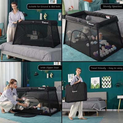 Teknum Portable Quick fold Playard & Cot with Zipper Door & Carry Bag - Midnight Black