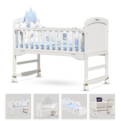 Teknum - 7-In-1 Convertible Kids Bed & Bedside Crib W/ Mattress, Mosquito Net & Detachable Wheels(0-12Yrs)-White