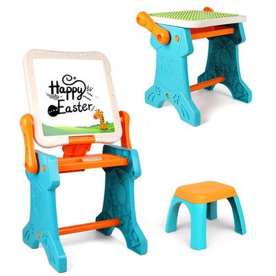 Little Story Double Sided 2-In-1 Blocks Table & Magnetic Learning Board Set With Chair - Multicolor