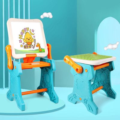 Little Story Double Sided 2 - IN - 1 Blocks Table & Magnetic Learning Board Set with Chair - Multicolor