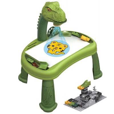 Little Story Diy T-Rex 3-In-1 Spinning Puzzle Block Table, Projection Drawing Board & Learning Table Set (81 Pcs), Stem Series - Multicolor