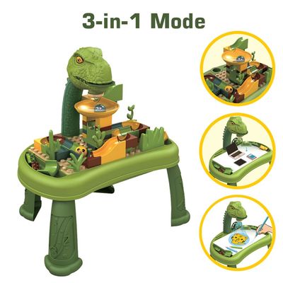 Little Story Diy T-Rex 3-In-1 Spinning Puzzle Block Table, Projection Drawing Board & Learning Table Set (81 Pcs), Stem Series - Multicolor