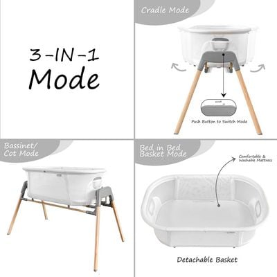 Teknum 3 - IN - 1 Baby Rocker Bassinet / Infant Crib w / Mosquito net - White