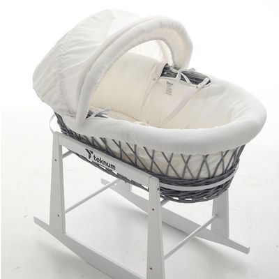 Teknum Infant Wicker Moses Basket With White Waffle Beddings - Wooden Grey 