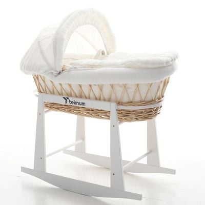 Teknum Infant Wicker Moses Basket with White Waffle Beddings - Wooden Brown