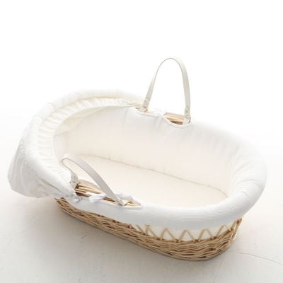 Teknum Infant Wicker Moses Basket with White Waffle Beddings - Wooden Brown