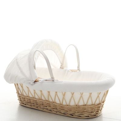 Teknum Infant Wicker Moses Basket with White Waffle Beddings - Wooden Brown