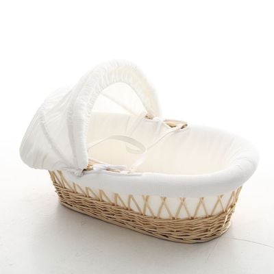 Teknum Infant Wicker Moses Basket with White Waffle Beddings - Wooden Brown