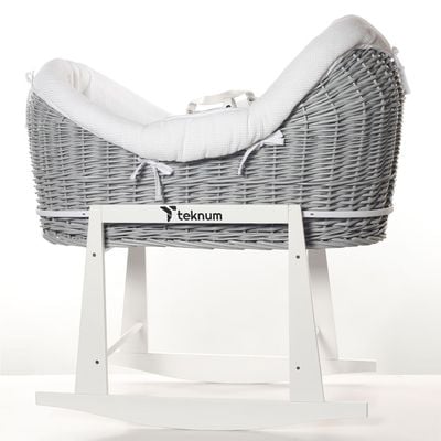 Teknum Infant Wicker Pod Moses Basket with White Waffle Beddings - Wooden Grey 