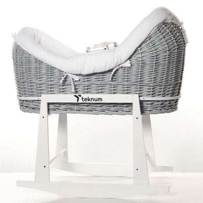 Teknum Infant Wicker Pod Moses Basket With White Waffle Beddings - Wooden Grey 