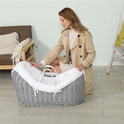 Teknum Infant Wicker Pod Moses Basket with White Waffle Beddings - Wooden Grey 