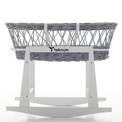 Teknum Infant Wicker Moses Basket with White Waffle Beddings & White Rocker Stand - Wooden Grey 